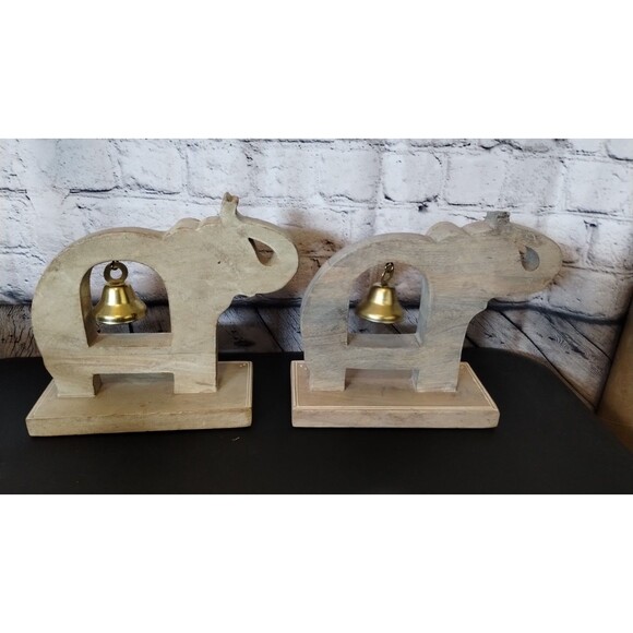 Wooden Elephant 9" with Bells Sculpture Home Decor Collectible - Picture 3 of 6